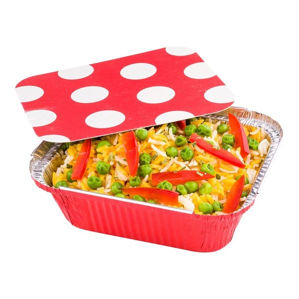 12-OZ Rectangular Disposable Aluminum Foil Food Containers with Flat Board Lids: Great for Restaurant Take Out, Catered Events and Meal Prep - Red Foil with Polka Dot Lid - 200-CT - Restaurantware
