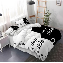 Gegeryozer Dog Side and My Side Bed Linen Set, 135 x 200 cm, Romantic Theme Black and White Bedding Set, 1 Microfibre Black and White Duvet Cover and 2 Pillowcases 50 x 75 cm