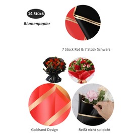 Red and Black Flower Paper Packaging TUIOLUI Pack of 14 58 x 58 cm Minimalist Bouquet Wrapping Paper with Gold Edge Waterproof Paper Flowers Flower Bouquet Wrapping Paper