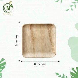 Naturelia 100% Compostable 6-Inch Palm Leaf Disposable Plates Square- Biodegradable Bamboo Plates for Wedding, Party & Picnic | Eco Friendly and Natural Appetizer Plates - Microvave Safe