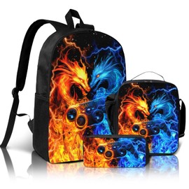 Game Bookbag Kids Backpack Set for Boys Game School Bag 3pcs Gamer Boy Backpack with Lunch Box and Pencil Case for Boys Kid Children Teen Elementary Middle School Video Game Bookbag for Ages 6-18 Kids