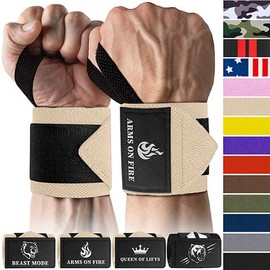 TECEUM Weightlifting Wrist Wraps with Thumb Loop – Beige – Arms on Fire – 12 inch – Heavy-Duty Workout Wrist Support & Protection – Ideal for Powerlifting, Strength Training, Bodybuilding