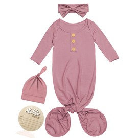 Newborn Baby Coming Home Outfit Set - Soft Modal Knotted Gown Sleepers with Hat, Hello World Sign & Headband, Hospital Newborn Photography Outfits Easy Diaper Change Gowns for Baby Shower Clothes