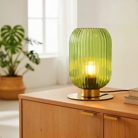 Soutas Green Glass Table Lamp, Mid Century Modern Table Lamp Vintage Gold Bedside Lamp with Brass Metal Base, Decorative Desk Lamp Small Boho Lamps for Bedroom Nightstand Living Room Office
