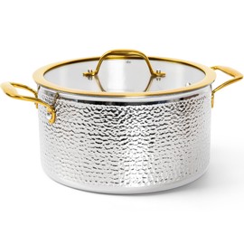 Michelangelo Triply Stainless Steel Stock Pot with Lid, Luxury Hammered Stainless Steel 6 Quart Pot with Lid & Golden Handle, Premium Induction Stockpot - 6QT