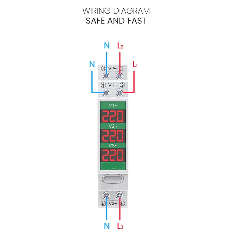 Telituny Voltmeter DIN Rail, 3-Phase AC Voltmeter, DIN Rail Mounting,