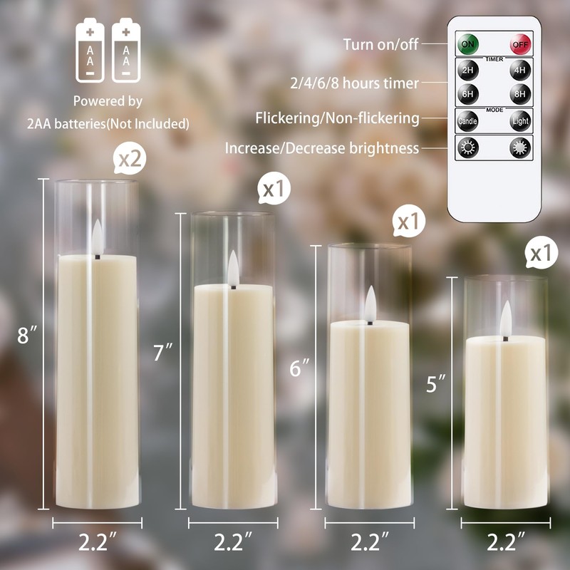 Yeelida Acrylic Flameless Flickering Candles with Remote Control and Timer,