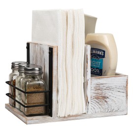 ExoLiry Rustic Whitewashed Wooden Kitchenware Organizer Napkin Utensil Spice Holders Table Seasoning Shakers Chalkboard Label Countertop Salt Pepper Caddy Wood Kitchen Dining Room Restaurant Café Home