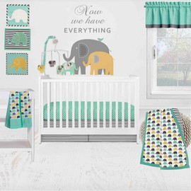 Bacati Elephants Crib Bedding & Nursery Decor Set 10 pc Crib Bedding Set with 2 Crib Fitted Sheets (Mint Yellow Gray)