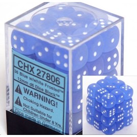 Chessex Dice d6 Sets: Frosted Blue with White - 12mm Six Sided Die (36) Block of Dice