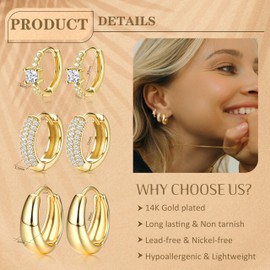 PATISORNA 3Pairs Gold Hoop Earrings Set for Women Chunky Gold Silver Hoop Earrings 14K Gold Filled Hypoallergenic Small Huggie Hoop Earrings Tiny Gold Trendy Thick Hoop Earrings Stacks