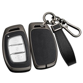 ontto Alloy Car Key fob Cover Fit for Hyundai Tucson Santa Fe Rena Sonata Elantra Creta Ix35 Ix45 I10 I30 I40 3/4 buttons Leather Key case Shell key holder keyring keychain accessories Black
