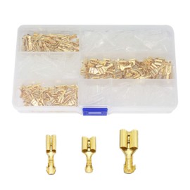 RLECS 150pcs 2.8mm 4.8mm 6.3mm Female Spade Connector Brass Crimp Terminal Connector with Insulating Sleeves Assorted Kit Cold-Pressed Terminal Gold