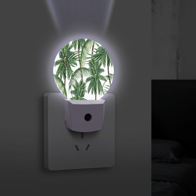 Chrobak Round LED Night Light,Green Leaves Palm Trees LED Night