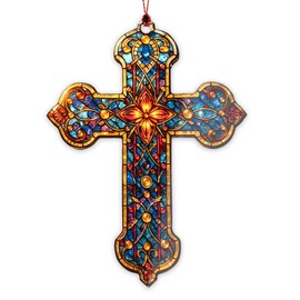 Stained Glass Cross Ornament – Christian Home Decor Suncatcher – Religious Gifts for Women Men – Jesus Faith Ornament for Window, Wall or Christmas Tree