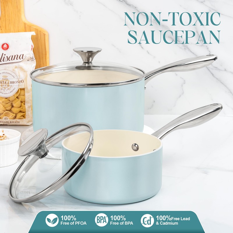 MICHELANGELO Sauce Pan with Lid, Non Stick Saucepan Set of