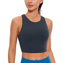 CRZ YOGA Butterluxe Racerback High Neck Longline Sports Bras for Women - Padded Workout Crop Tank Tops with Built in Bra True Navy Medium