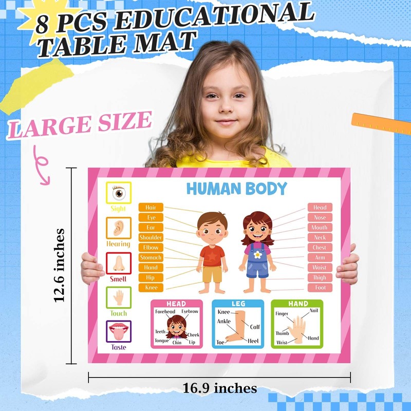 8 Pcs Educational Preschool Placemat Set for Toddler and Kids