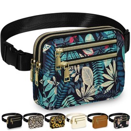 Capolo Fanny Packs for Women Fashion Waist Packs Bag with Adjustable Strap and 7 Zipper Pockets Waterproof Everywhere Crossbody Belt Bag for Workout Running Travelling(Blue Leaves, Large)