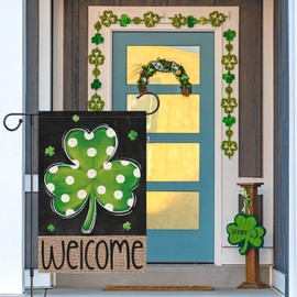 Louise Maelys St Patrick's Day Garden Flag Shamrock Welcome Double Sided 12x18 Inch Small Burlap Happy Spring Holiday Yard Outdoor Outside Home Decoration Sign