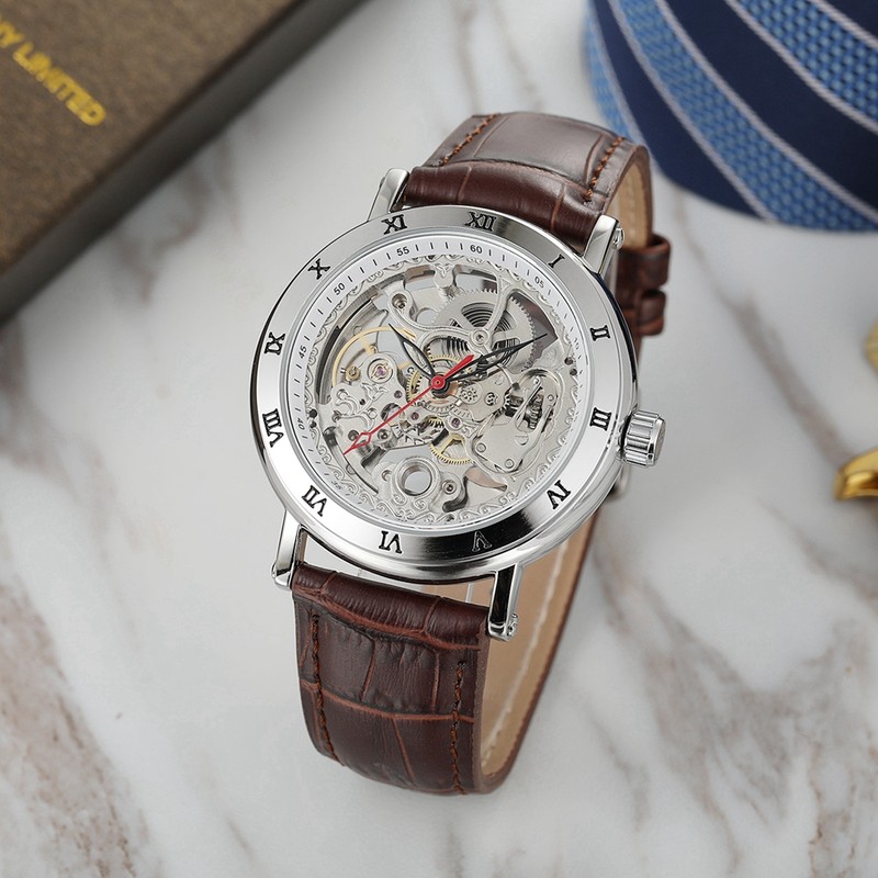 FORSINING Automatic Mechanical Hollow Out Waterproof PU Leather Strap Male