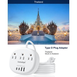 Thailand Power Adapter, Thailand Plug Adapter with 3 American Outlets 4 USB Ports (2 USB-C) Total 24W, Type O Plug Adapter and Outlet Converter for USA to Thailand, 4FT