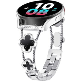 Issinlky Lucky Four Leaf Clover Band for Galaxy Watch 7/FE/6/5/4 40mm 44mm, 20MM Bling Rhinestone Metal Strap Girl for Galaxy Watch 6 Classic/4 Classic/Watch 5 Pro/Watch 3 41mm/Active 2/Active 40MM