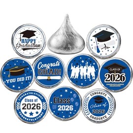 180 PCS Graduation Stickers Class of 2026 Candy Drops Labels Stickers for Chocolate Kisses Candy Sticker for 2026 Graduation Party Favors,Blue