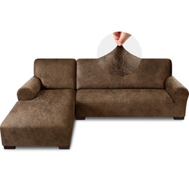 Pfrstuv Sectional Couch Covers, Leather Look Sofa Cover L Shape 2PCS Soft Stretch Slipcover for Sectional Sofa, Non Slip Furniture Protector (3 Seat Sofa + 3 Seat Right Chaise, Brown)