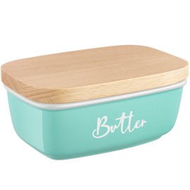 ALELION Turquoise Ceramic Butter Dish with Lid - Turquoise Kitchen Decor & Teal Kitchen Accessories for Countertop - Butter Keeper Container with Thick Beech Wood Lid - Cute Modern Farmhouse Decor