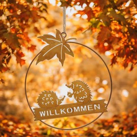 Decorative Hedgehog with Leaf and Lettering Welcome Rust-Coloured Metal Autumn Decoration Door Decoration