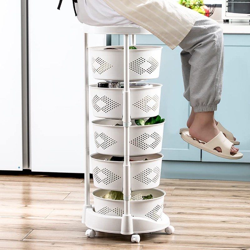 ATOLOMOTOR 5-Tier Rotating Fruit Vegetable Rack with Wheels, Kitchen Carts