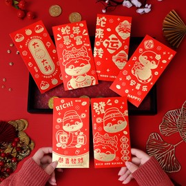 Mega-L Red Envelopes Chinese New Year of the Snake 2025, 红包, Large Lucky Money for Lunar New Year Red Packets Li Xi Hongbao LaiSee Ampao Interoffice Envelopes with 6 Gold Embossed Patterns (6.6*3.5in)