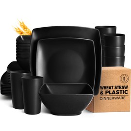 Teivio 32-piece Plastic Wheat Straw Square Dinnerware Set for 8, Unbreakable Dinner Plates, Salad Plates, Snack Bowls, Tumblers 20 oz, Dishwasher Safe, Black Matte