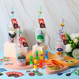 Yaomiao 163 Pcs Camping Party Favors with Mini Compass for Kids Flashlights Keychain Cups with Dome Lids Silicone Bracelets Stickers Badges Plastic Straws Tag for Camping Adventure Birthday Party Gift