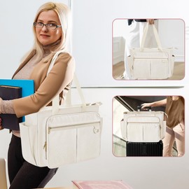 Prokva Teacher Tote Bag with Accordion File Organizer Pocket, Large Teacher Work Utility Bag for Women, Beige (Patent Design)