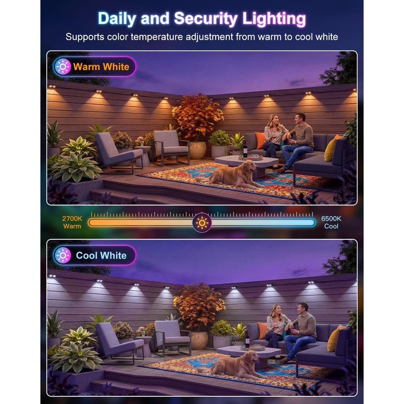 Outdoor Deck Lights, RGBCW Smart Fence Lights with 2700K-6500K Dimmable