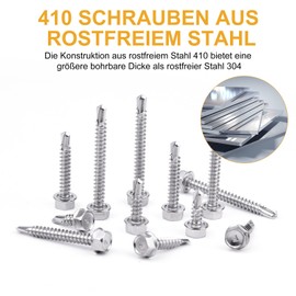 VIGRUE Pack of 160 Self-Tapping Screws 410 Stainless Steel Drilling Screws Tapping Screws M4.2 Hex Washer Head 6 Sizes Self-Drilling Screw Set for Metal Wood Furniture Electrical Appliances Products