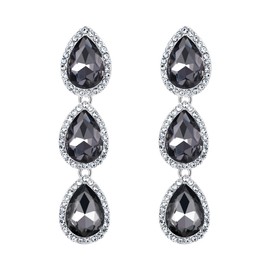 EleQueen Women's Silver-tone Austrian Crystal Teardrop Pear Shape 2.4 Inch Long Clip-on Dangle Earrings Grey-Black 16001668-7ca