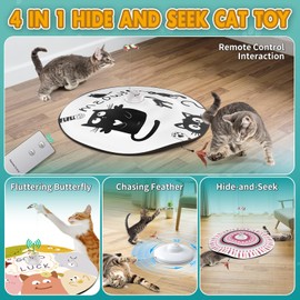 Pawhims Remote Control Cat Toy 4 in 1 Interactive Automatic Cat Toy, Hide and Seek Exercises with Cover/Moving Concealed Feather/Butterfly, Catching Motion Game for Kitten Indoor (Good Luck)