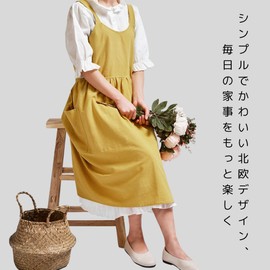 NASSIA Women's Apron One-Piece Long Linen, Shoulder Bag, Cafe Store, Cooking Class, Florist, Stylish, Large Size, Natural, Black