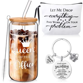 Paterr Secretary Appreciation Gift for Women 1 Glass Cup Tumbler with Lids and Straw 1 Travel Makeup Bag 1 Inspirational Keychain Queen of Office Thank You Gifts for Secretary Employee Retirement