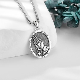 HKPATOP Serenity Prayer Necklace 925 Sterling Silver Praying Hands Pendant God Bible Religious Jewelry Gifts for Women Men