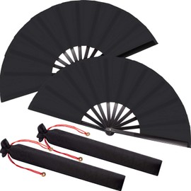 Maitys 2 Packs Large Clap Fans for Line Dancing Large Chinese Folding Hand Fans for Men and Women, Festival, Tai Ji, Kungfu, Martial Art, Gifts (Black)