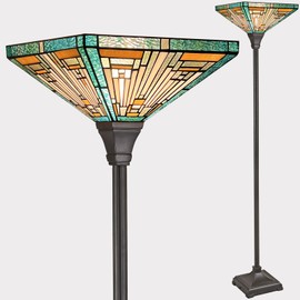 Capulina Tiffany Torchiere Floor Lamp, 70 Inches Tall Industrial Blackish Bronze Pole Amber Green Vintage Style Stained Glass Torch Standing Light for Living Room Bedroom Home Office