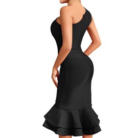 whoinshop Women's One Shoulder Mermaid Bodycon Dress Celebrity Midi Party Club Bandage Dress Black S