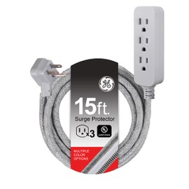 GE Pro Tira Multicontactos De 3 Salidas con Supresor de Picos, Enchufe Plano, Cable De Extensión Trenzado de 4.5 m (15 Pies) 250 Julios, Conectado a Tierra Certificacion UL, Gris 1 Unidad 45915
