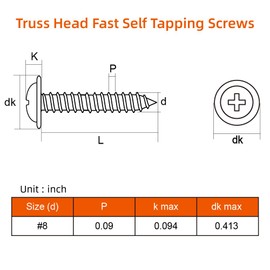 #8 x 3/4" Wood Screws Truss Head Fast Self Tapping Screws, 410 Stainless Steel, 100 PCS