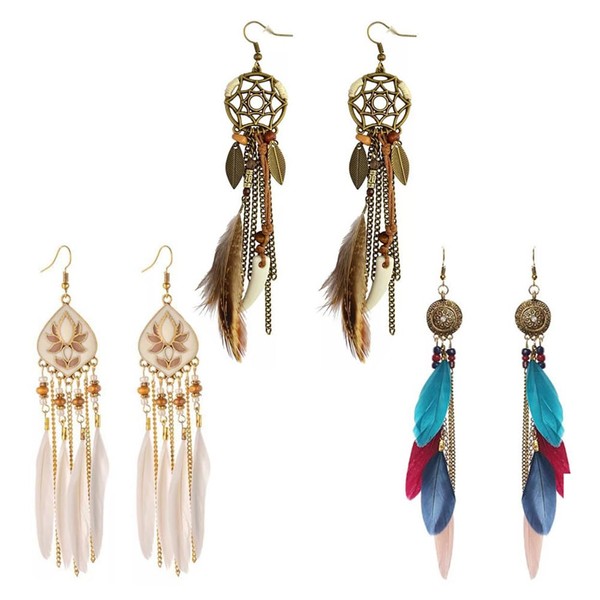 3 Paar Böhmische Feder Ohrringes, Damen Bohemian Fransen Feder Ohrringe