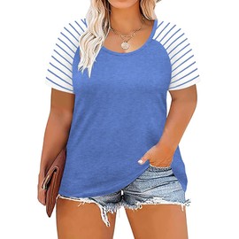 Womens Plus Size Tops Summer Casual T Shirts Loose Stripe Tunic Blouse Blue-22W